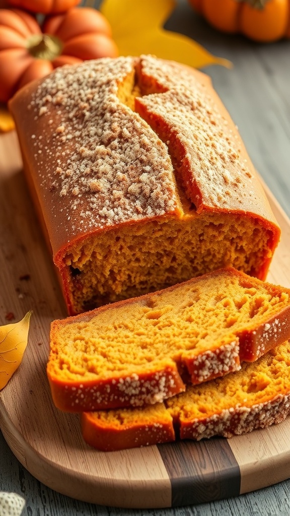 A loaf of cinnamon sugar pumpkin bread on a wooden board with slices cut, showcasing its moist texture.